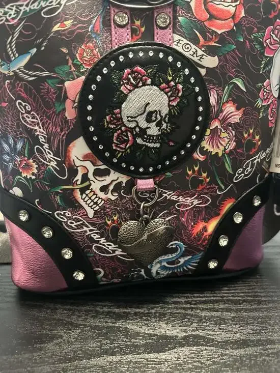 Ed Hardy Tattoo Print Skull & Roses Crossbody Bag with Rhinestone Detail - Picture 7 of 7